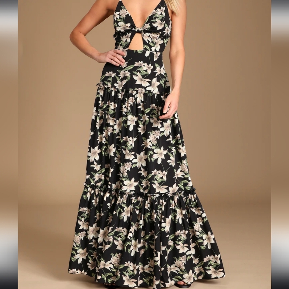 Lulu's Elegant Black and Cream Floral Maxi Dress